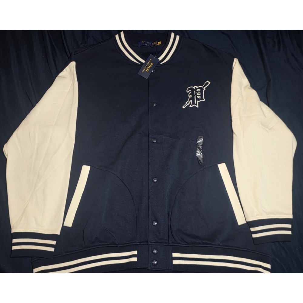 Polo Ralph Lauren Navy Blue Varsity Letterman Jacket Fleece Button Up Men's 3XB